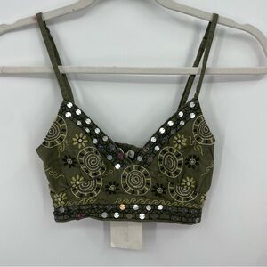 Pull&Bear Pacific Republic Olive green floral embroidered crop top Sz S